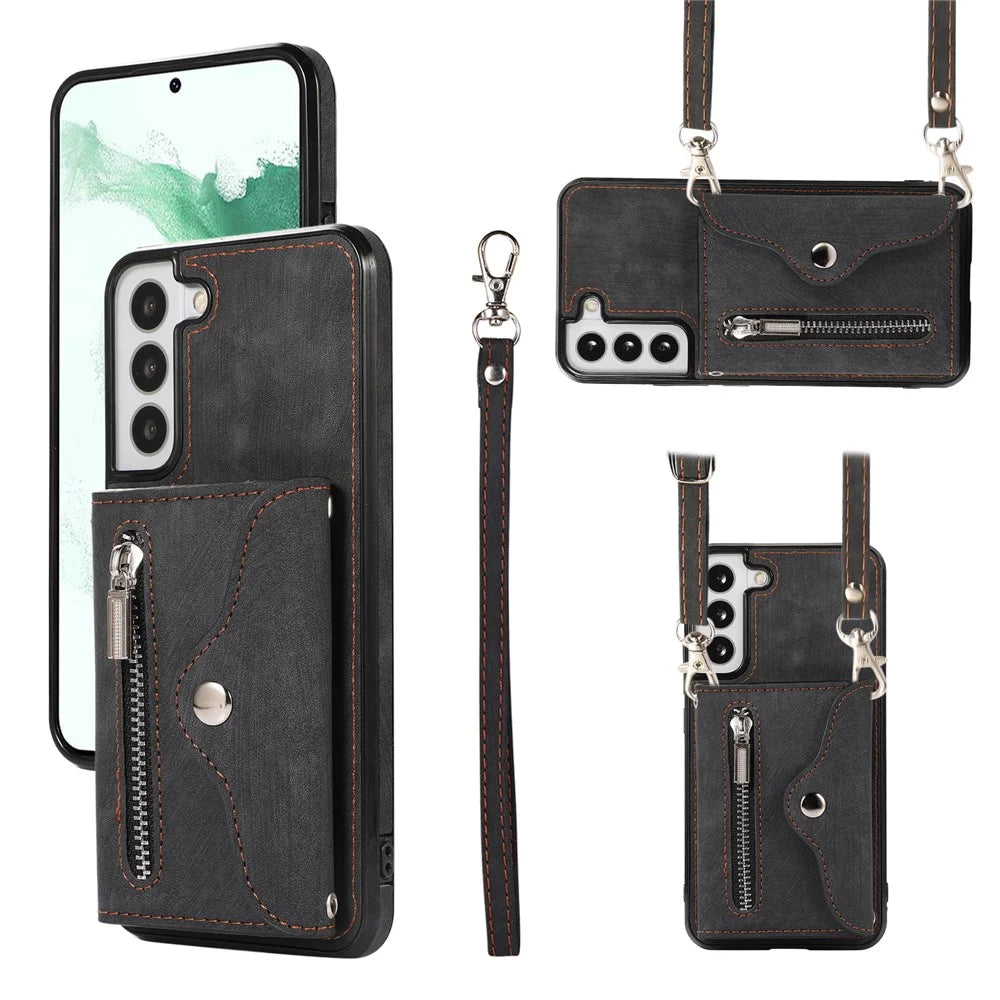 For Samsung Galaxy S21+ 5G Case PU+TPU Card Bag Cell Phone Case with 2 Straps - Black - 1