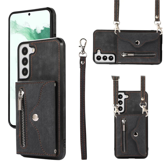 For Samsung Galaxy S21+ 5G Case PU+TPU Card Bag Cell Phone Case with 2 Straps - Black - 1