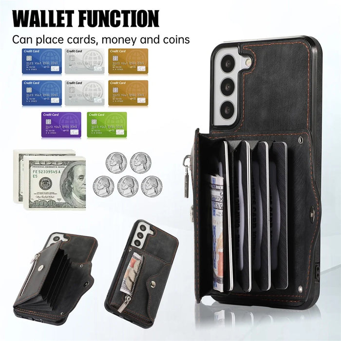 For Samsung Galaxy S21+ 5G Case PU+TPU Card Bag Cell Phone Case with 2 Straps - Black - 6