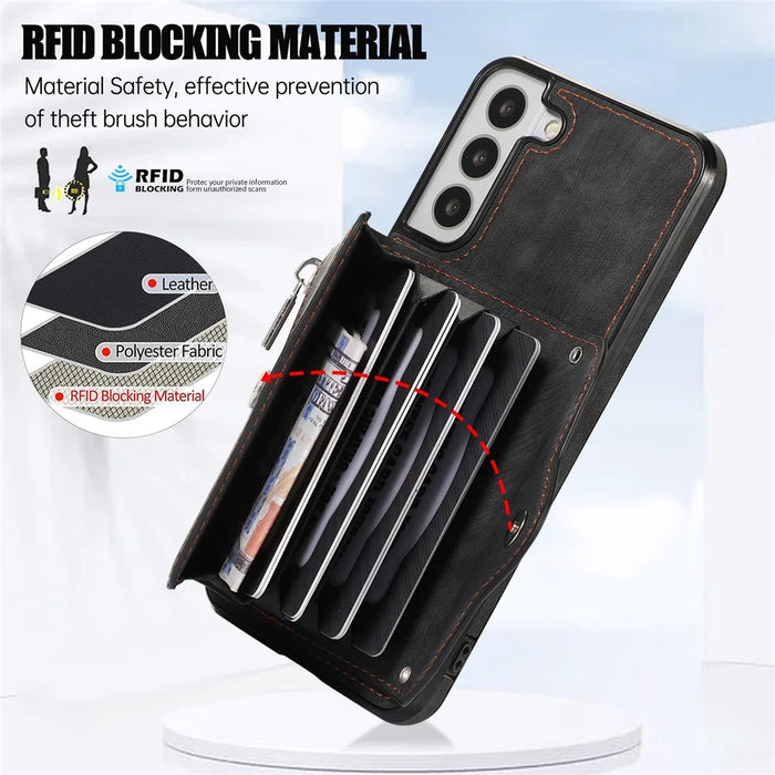 For Samsung Galaxy S21+ 5G Case PU+TPU Card Bag Cell Phone Case with 2 Straps - Black - 7