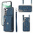 For Samsung Galaxy S21 5G Shockproof Case PU+TPU Card Bag Cell Phone Case with 2 Straps - Blue - 1