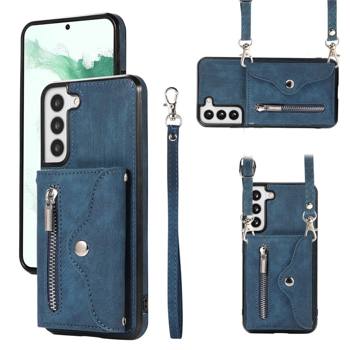 For Samsung Galaxy S21 5G Shockproof Case PU+TPU Card Bag Cell Phone Case with 2 Straps - Blue - 1