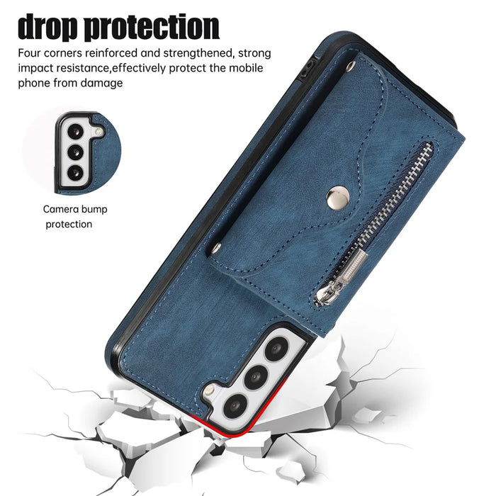 For Samsung Galaxy S21 5G Shockproof Case PU+TPU Card Bag Cell Phone Case with 2 Straps - Blue - 5