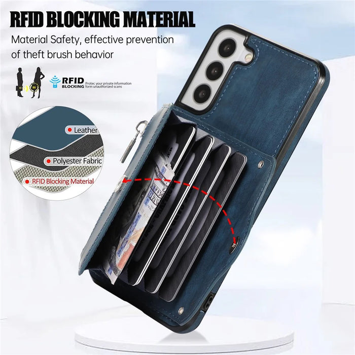 For Samsung Galaxy S21 5G Shockproof Case PU+TPU Card Bag Cell Phone Case with 2 Straps - Blue - 6