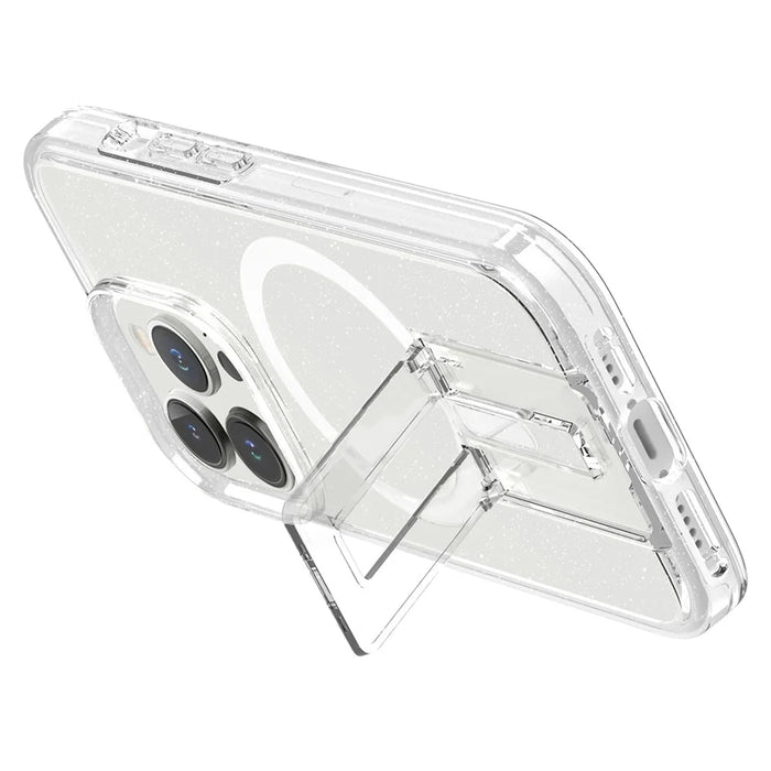 For iPhone 15 Pro Max Case TPU+PC Hidden Kickstand Phone Shell Compatible with MagSafe - Glitter Transparent+White - 2