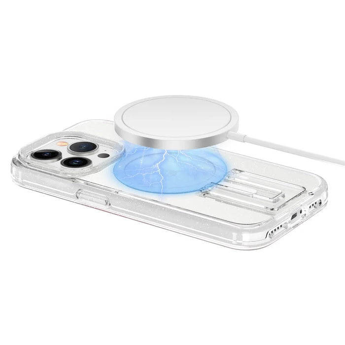 For iPhone 15 Pro Max Case TPU+PC Hidden Kickstand Phone Shell Compatible with MagSafe - Glitter Transparent+White - 3