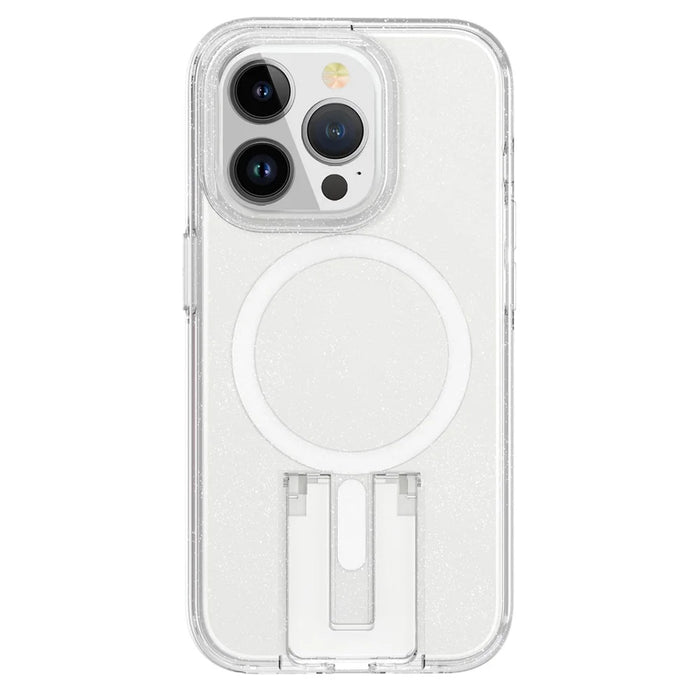 For iPhone 15 Pro Max Case TPU+PC Hidden Kickstand Phone Shell Compatible with MagSafe - Glitter Transparent+White - 4