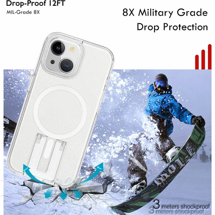 For iPhone 15 Pro Max Case TPU+PC Hidden Kickstand Phone Shell Compatible with MagSafe - Glitter Transparent+White - 7
