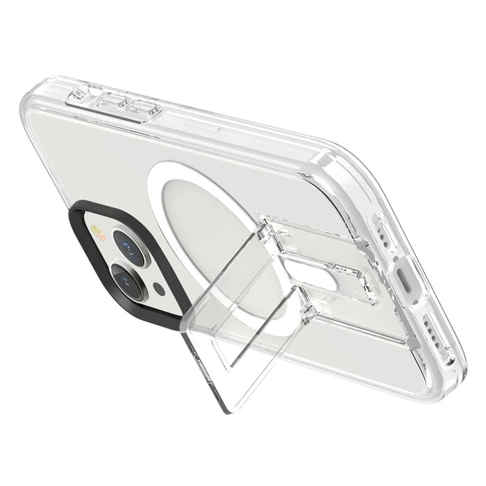 For iPhone 15 Plus Magnetic Case TPU+PC Hidden Kickstand Back Shell Compatible with MagSafe - Black+Transparent+White - 2
