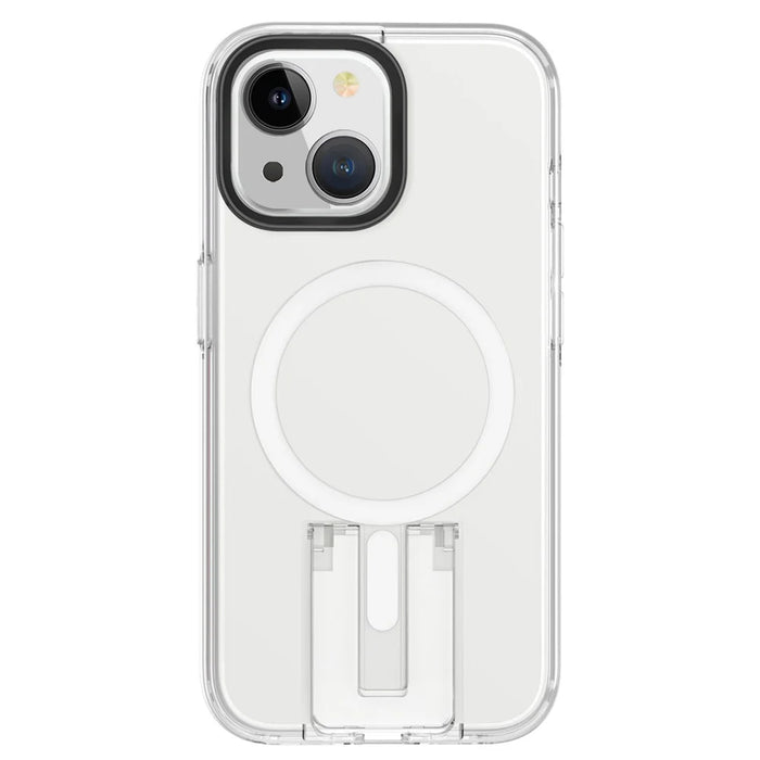 For iPhone 15 Plus Magnetic Case TPU+PC Hidden Kickstand Back Shell Compatible with MagSafe - Black+Transparent+White - 4