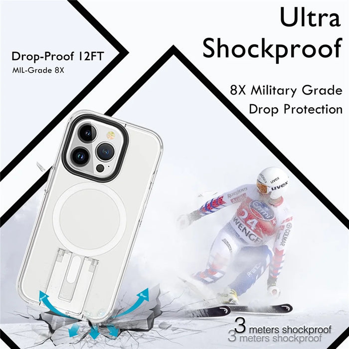 For iPhone 15 Plus Magnetic Case TPU+PC Hidden Kickstand Back Shell Compatible with MagSafe - Black+Transparent+White - 7