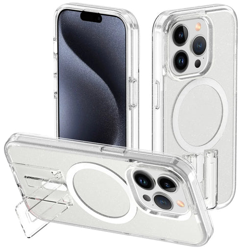 For iPhone 15 Pro Magnetic Phone Case TPU+PC Kickstand Shell Compatible with MagSafe - Glitter Transparent+White - 1