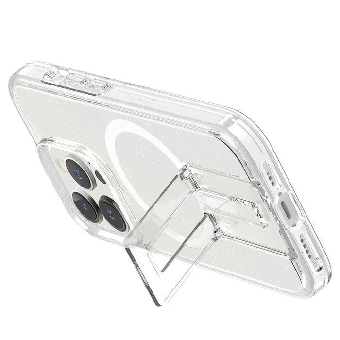 For iPhone 15 Pro Magnetic Phone Case TPU+PC Kickstand Shell Compatible with MagSafe - Glitter Transparent+White - 2