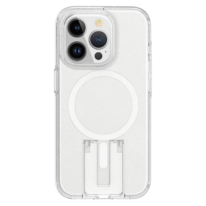 For iPhone 15 Pro Magnetic Phone Case TPU+PC Kickstand Shell Compatible with MagSafe - Glitter Transparent+White - 4