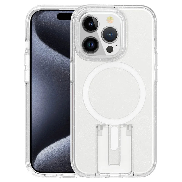 For iPhone 15 Pro Magnetic Phone Case TPU+PC Kickstand Shell Compatible with MagSafe - Glitter Transparent+White - 5
