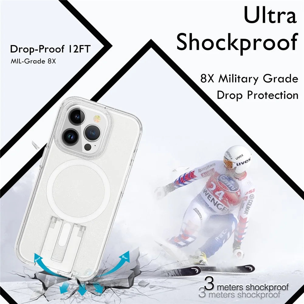 For iPhone 15 Pro Magnetic Phone Case TPU+PC Kickstand Shell Compatible with MagSafe - Glitter Transparent+White - 7