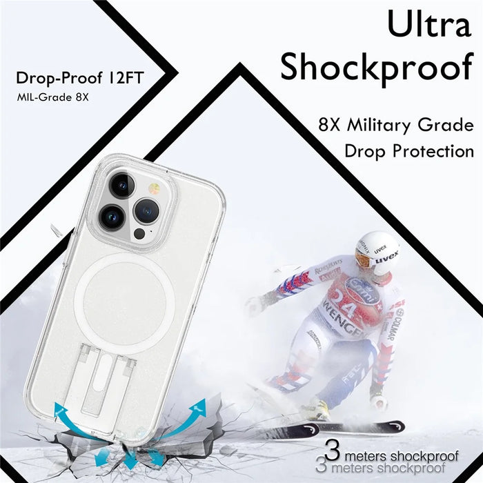 For iPhone 15 Pro Magnetic Phone Case TPU+PC Kickstand Shell Compatible with MagSafe - Glitter Transparent+White - 7