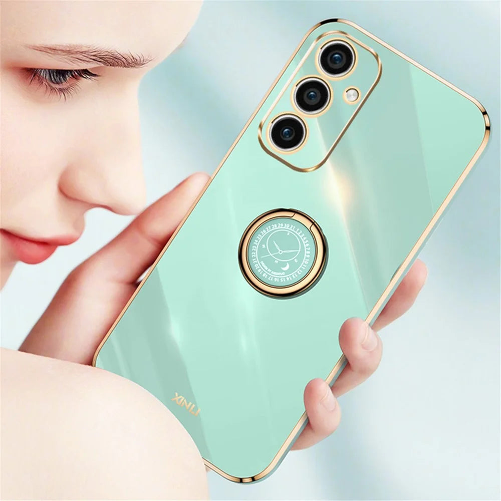 XINLI For Samsung Galaxy A35 5G Phone Case with Kickstand Plating Gold Edge Soft TPU Cover - Cyan - 4
