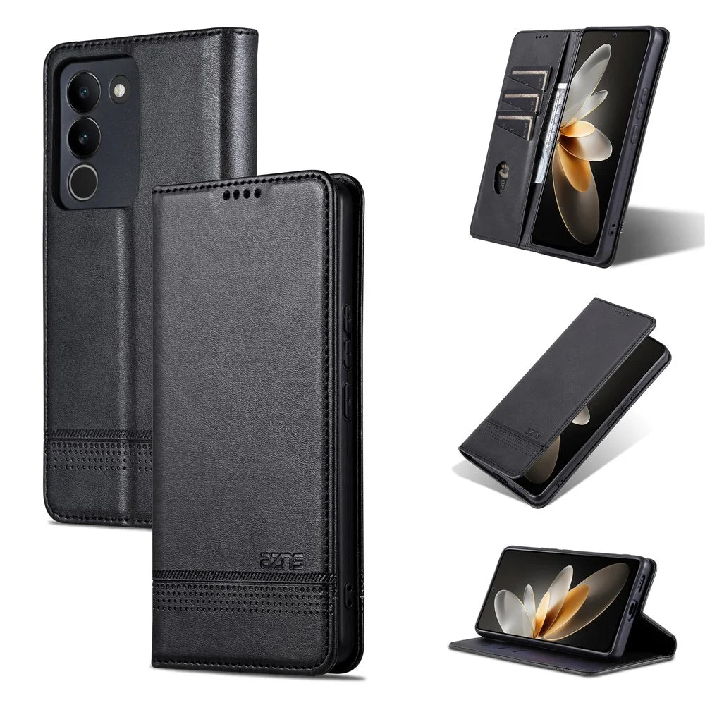 AZNS For vivo V29e (Global) 5G Magnetic Case Cowhide Texture Scratch-proof Phone Wallet Cover - Black - 7