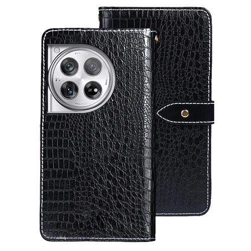 IDEWEI For OnePlus 12 5G Leather Phone Case Crocodile Texture Stand Wallet - Black - 1