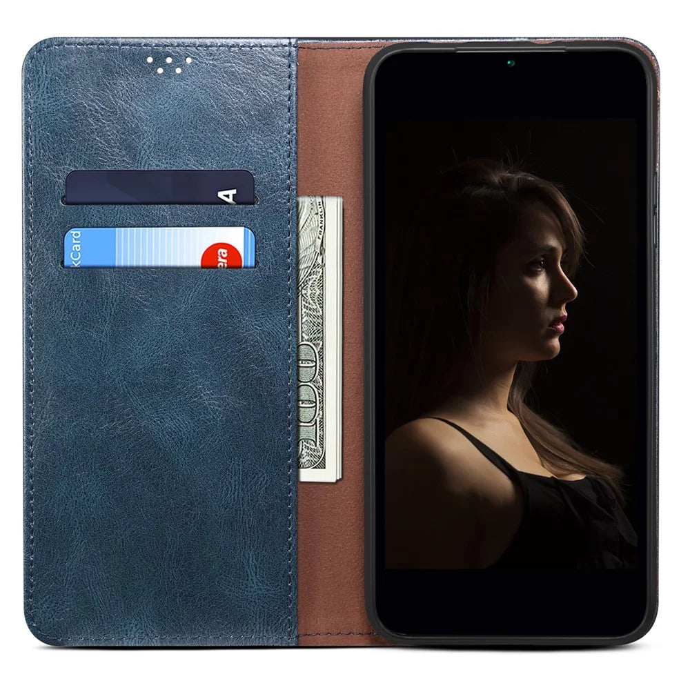 For Samsung Galaxy A55 5G Case Wallet Stand Leather Cover Waxy Crazy Horse Texture - Blue - 2