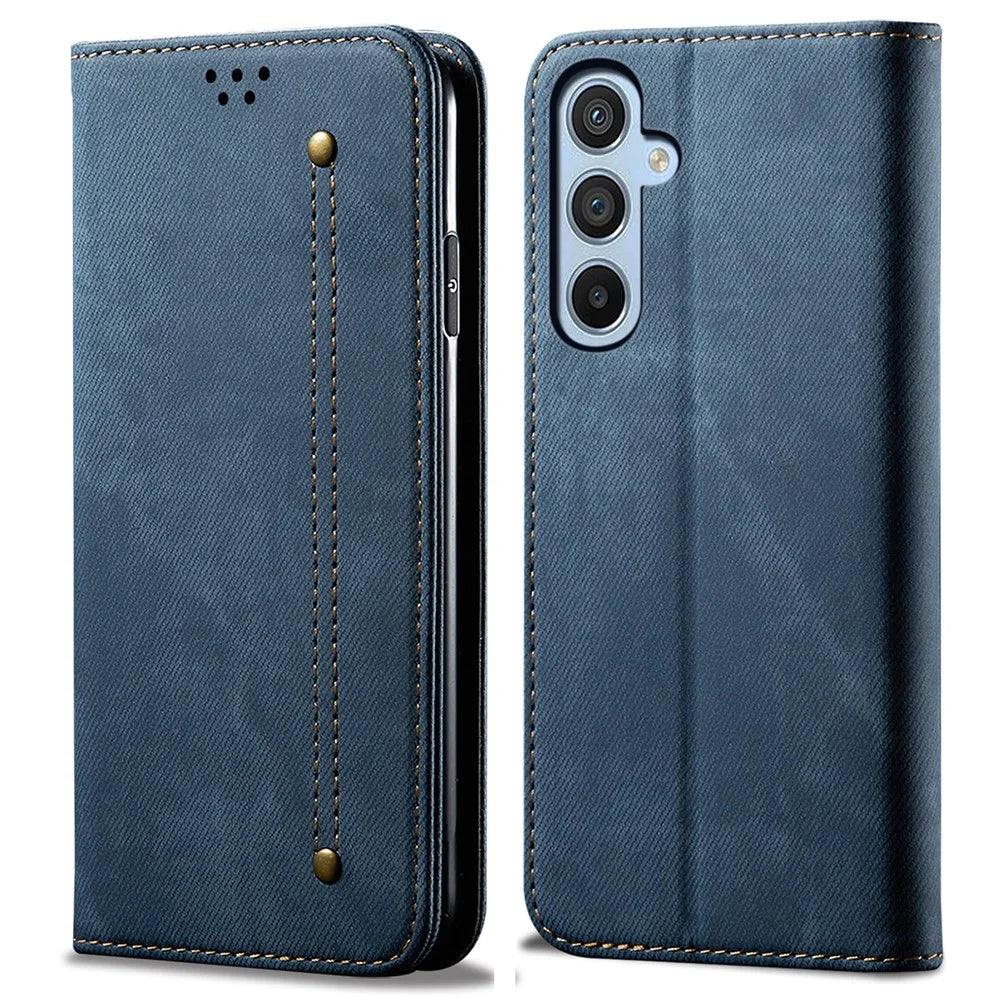 For Samsung Galaxy A55 5G Case Wallet Jeans Cloth Texture Leather Stand Cover - Blue - 1