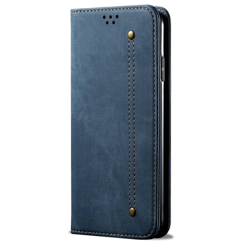 For Samsung Galaxy A55 5G Case Wallet Jeans Cloth Texture Leather Stand Cover - Blue - 5