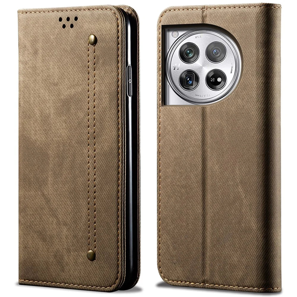 For OnePlus 12 5G Case with Stand Jeans Cloth Texture Wallet Leather Cover - Khaki - 1