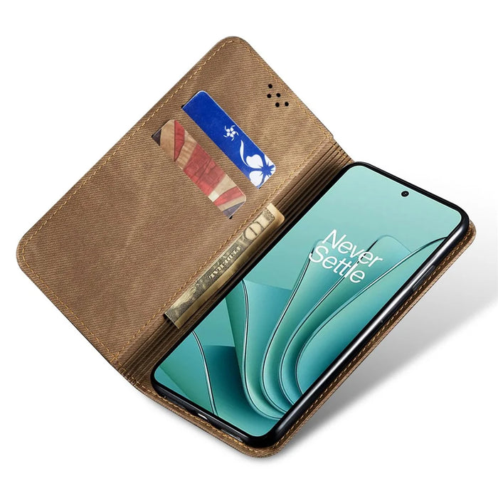 For OnePlus 12 5G Case with Stand Jeans Cloth Texture Wallet Leather Cover - Khaki - 2