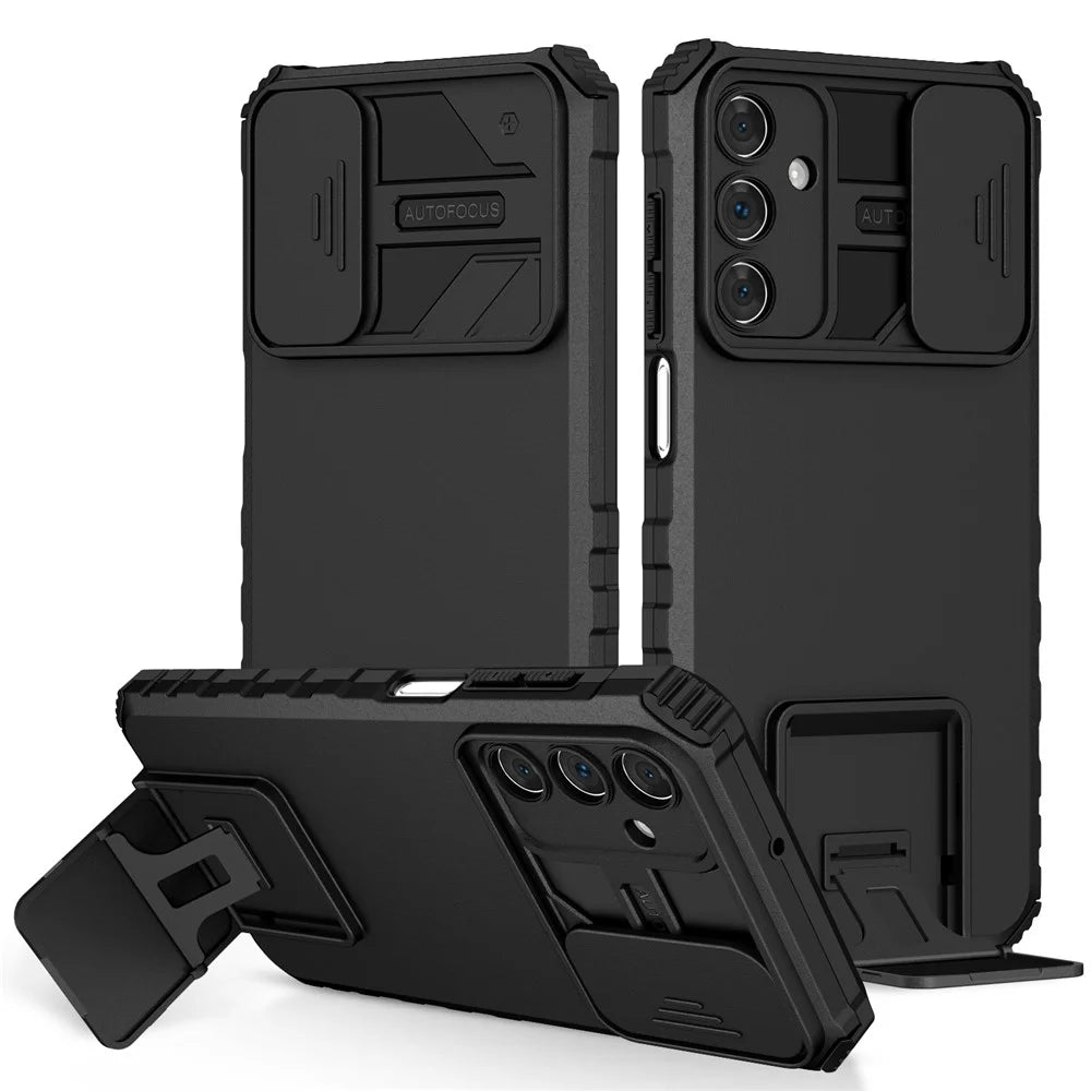 For Samsung Galaxy A15 5G Phone Case Slide Lens Protection Kickstand - Black - 1