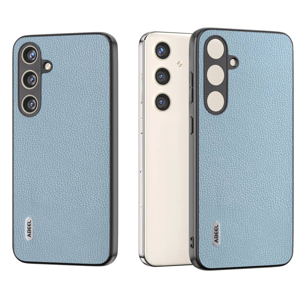 ABEEL For Samsung Galaxy S24 Case Genuine Cow Leather Litchi Texture Cover - Baby Blue - 6
