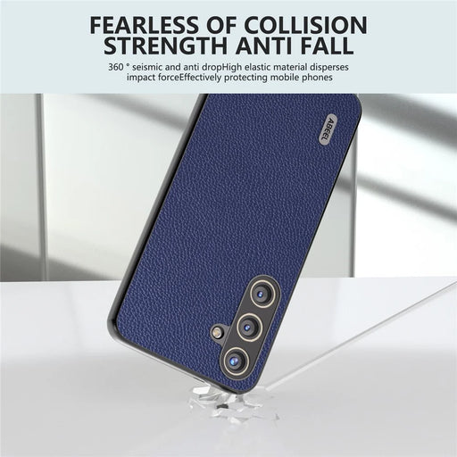 ABEEL For Samsung Galaxy S24+ Case with Litchi Texture Genuine Cow Leather Back Cover  - Blue - 2