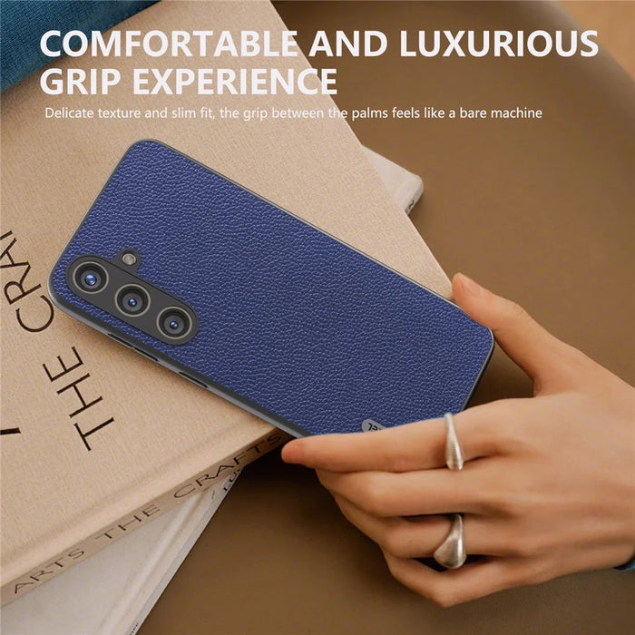 ABEEL For Samsung Galaxy S24+ Case with Litchi Texture Genuine Cow Leather Back Cover  - Blue - 5