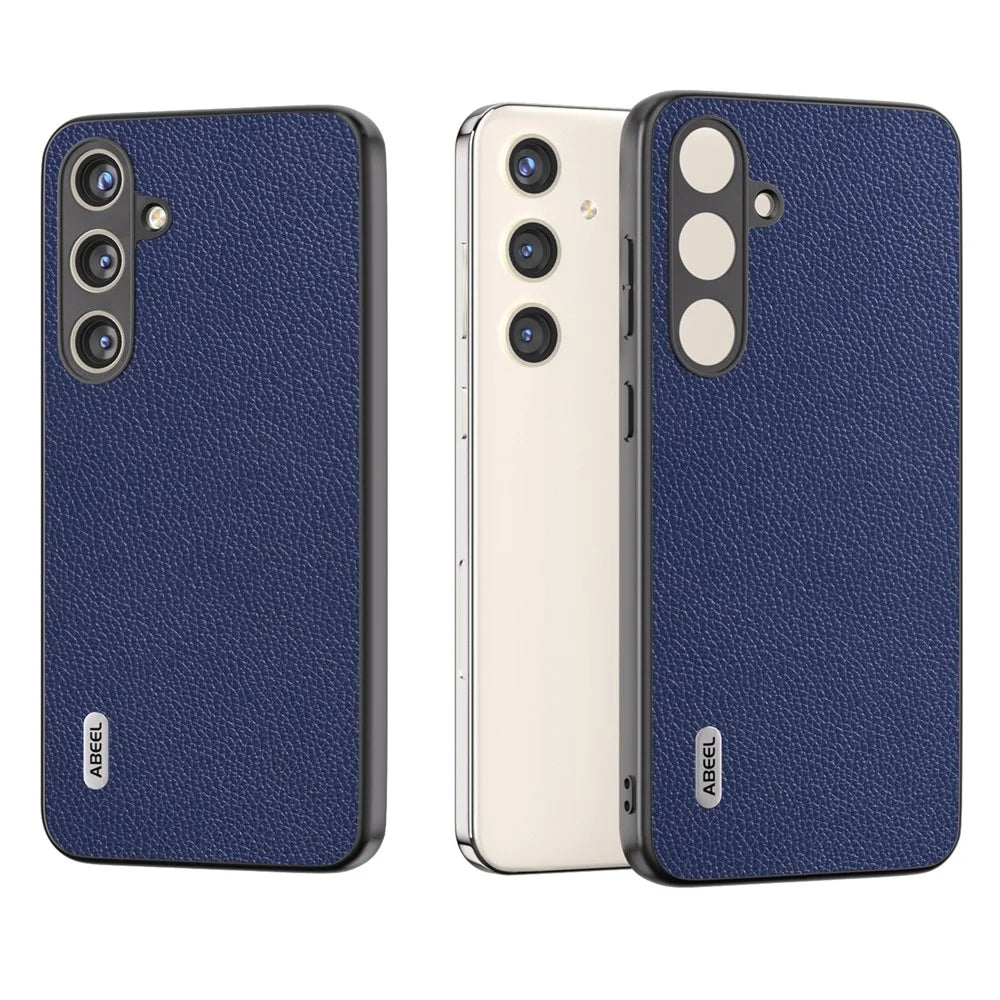 ABEEL For Samsung Galaxy S24+ Case with Litchi Texture Genuine Cow Leather Back Cover  - Blue - 6