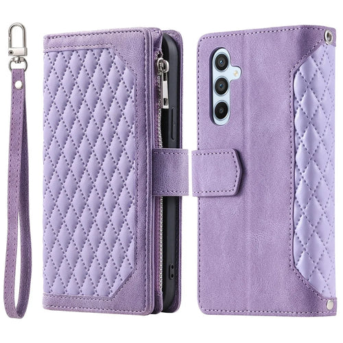 For Samsung Galaxy A35 5G Leather Case Rhombus Texture Phone Stand Cover with Multi-Card Slots - Purple - 1