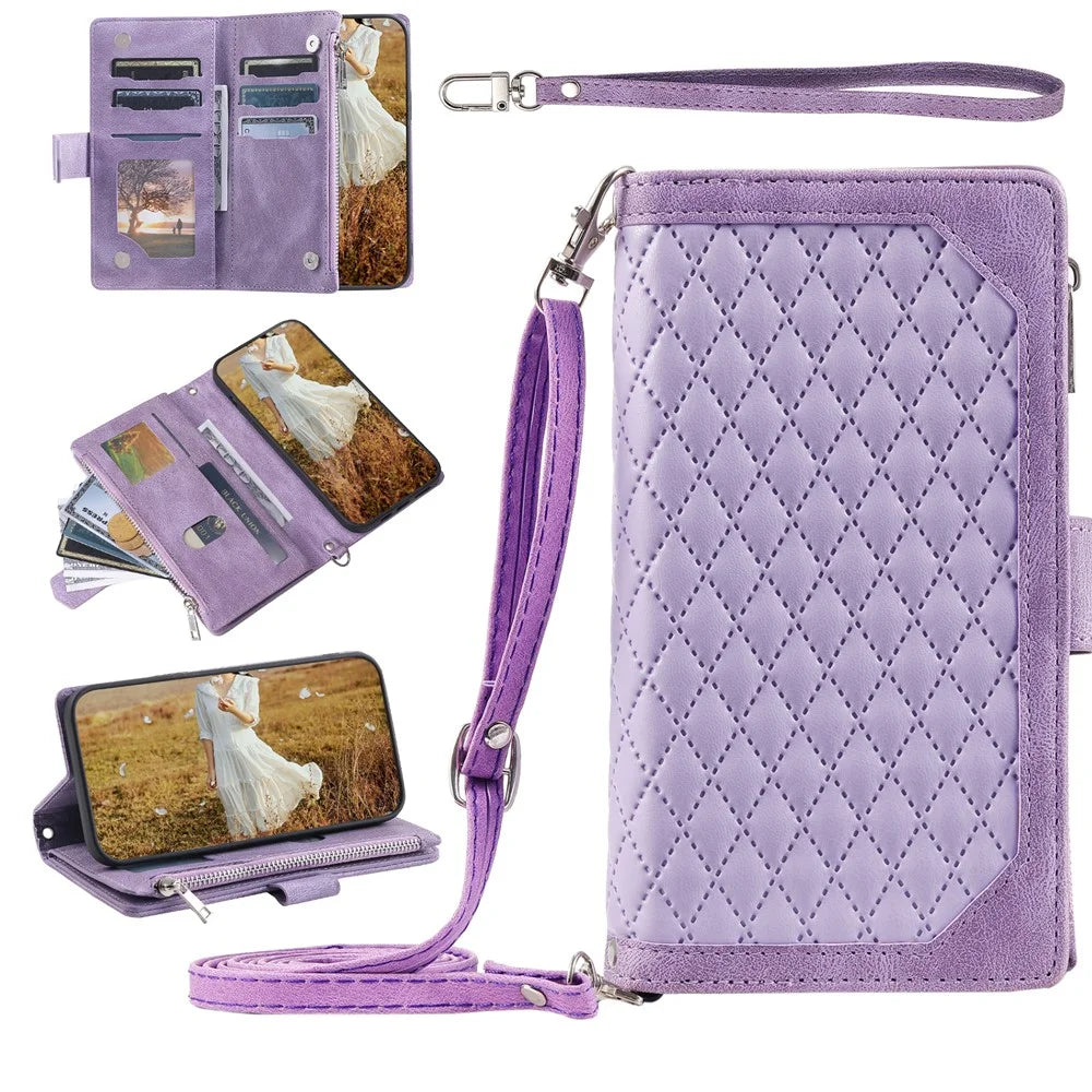 For Samsung Galaxy A35 5G Leather Case Rhombus Texture Phone Stand Cover with Multi-Card Slots - Purple - 5