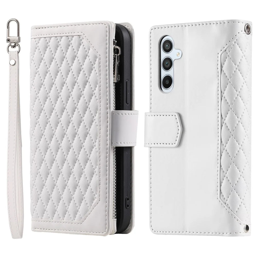 For Samsung Galaxy A55 5G Case Wallet Stand Rhombus Texture Phone Cover with Strap - White - 1