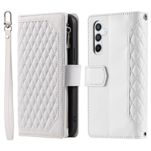 For Samsung Galaxy A55 5G Case Wallet Stand Rhombus Texture Phone Cover with Strap - White - 1