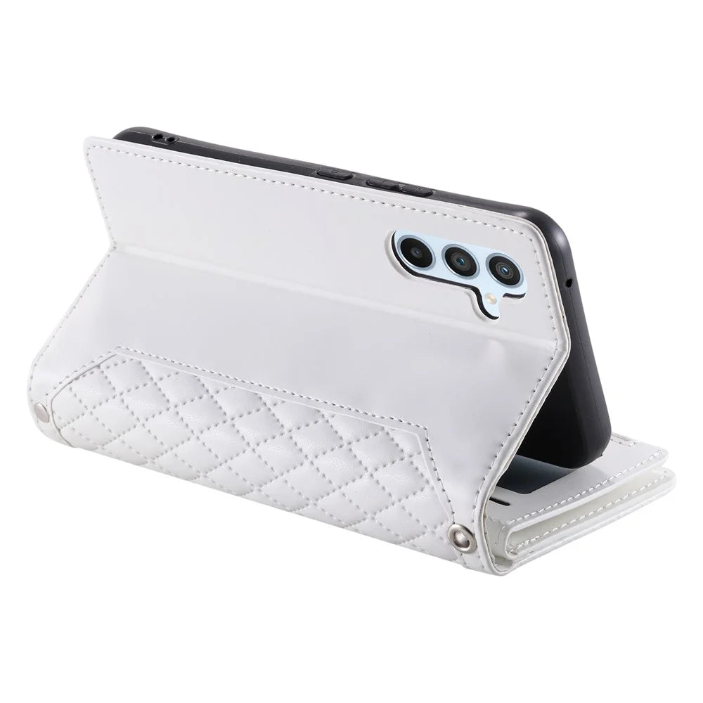 For Samsung Galaxy A55 5G Case Wallet Stand Rhombus Texture Phone Cover with Strap - White - 3