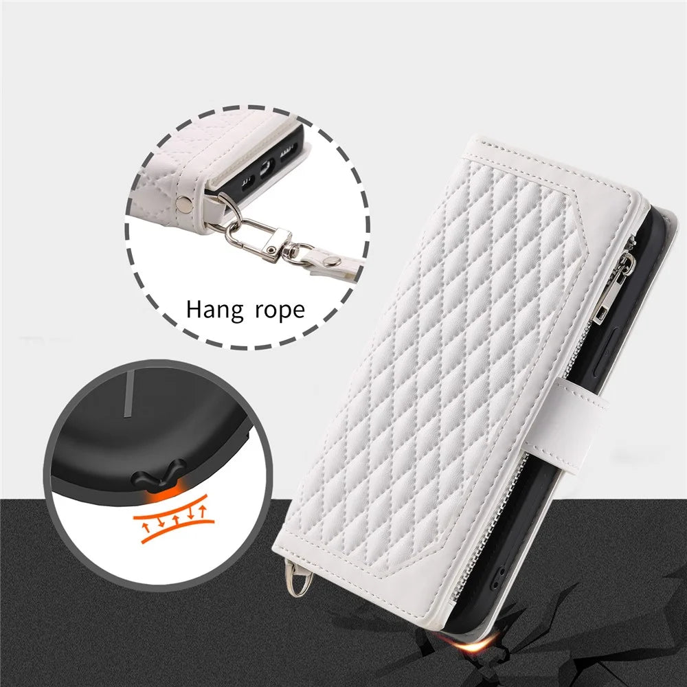 For Samsung Galaxy A55 5G Case Wallet Stand Rhombus Texture Phone Cover with Strap - White - 5