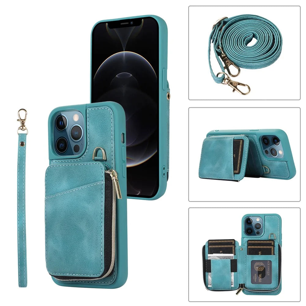 For iPhone 12 Pro Max Cell Phone Case with Strap PU Leather+TPU Kickstand Cover - Green - 1
