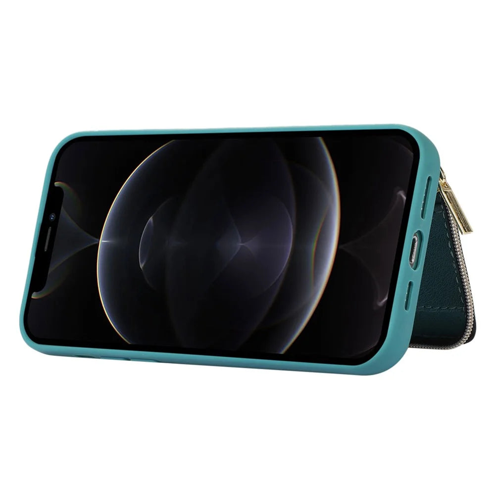 For iPhone 12 Pro Max Cell Phone Case with Strap PU Leather+TPU Kickstand Cover - Green - 3