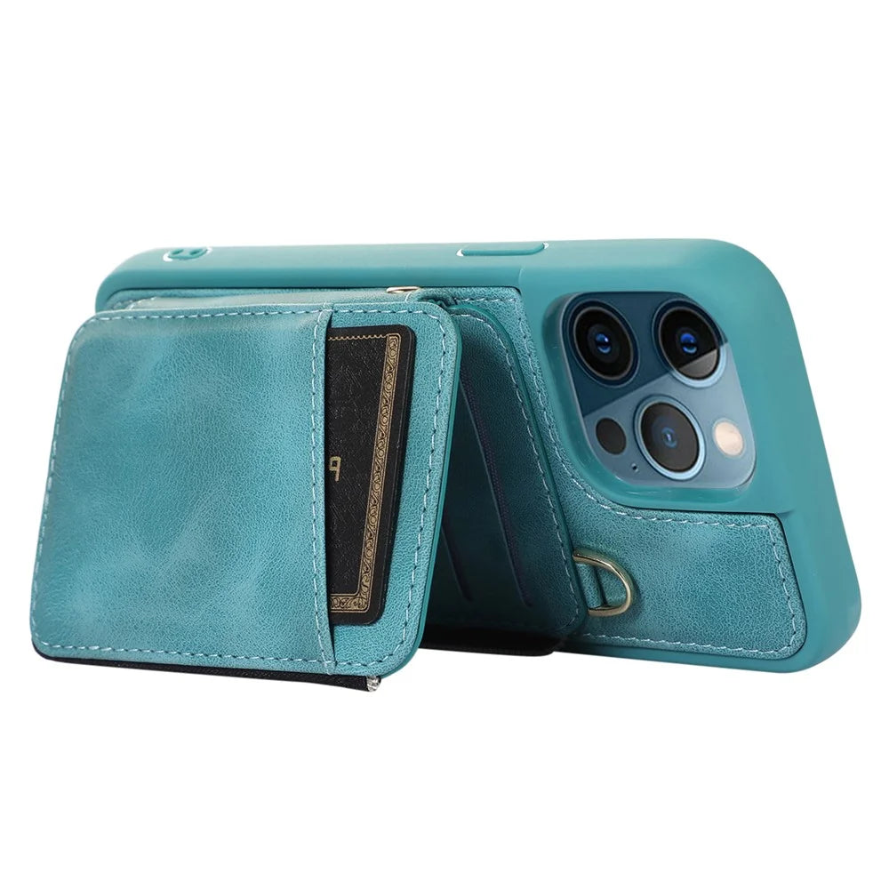 For iPhone 12 Pro Max Cell Phone Case with Strap PU Leather+TPU Kickstand Cover - Green - 4