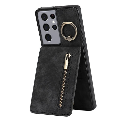 For Samsung Galaxy S21 Ultra 5G Case Ring Kickstand RFID Blocking PU+TPU Phone Cover - Black - 1
