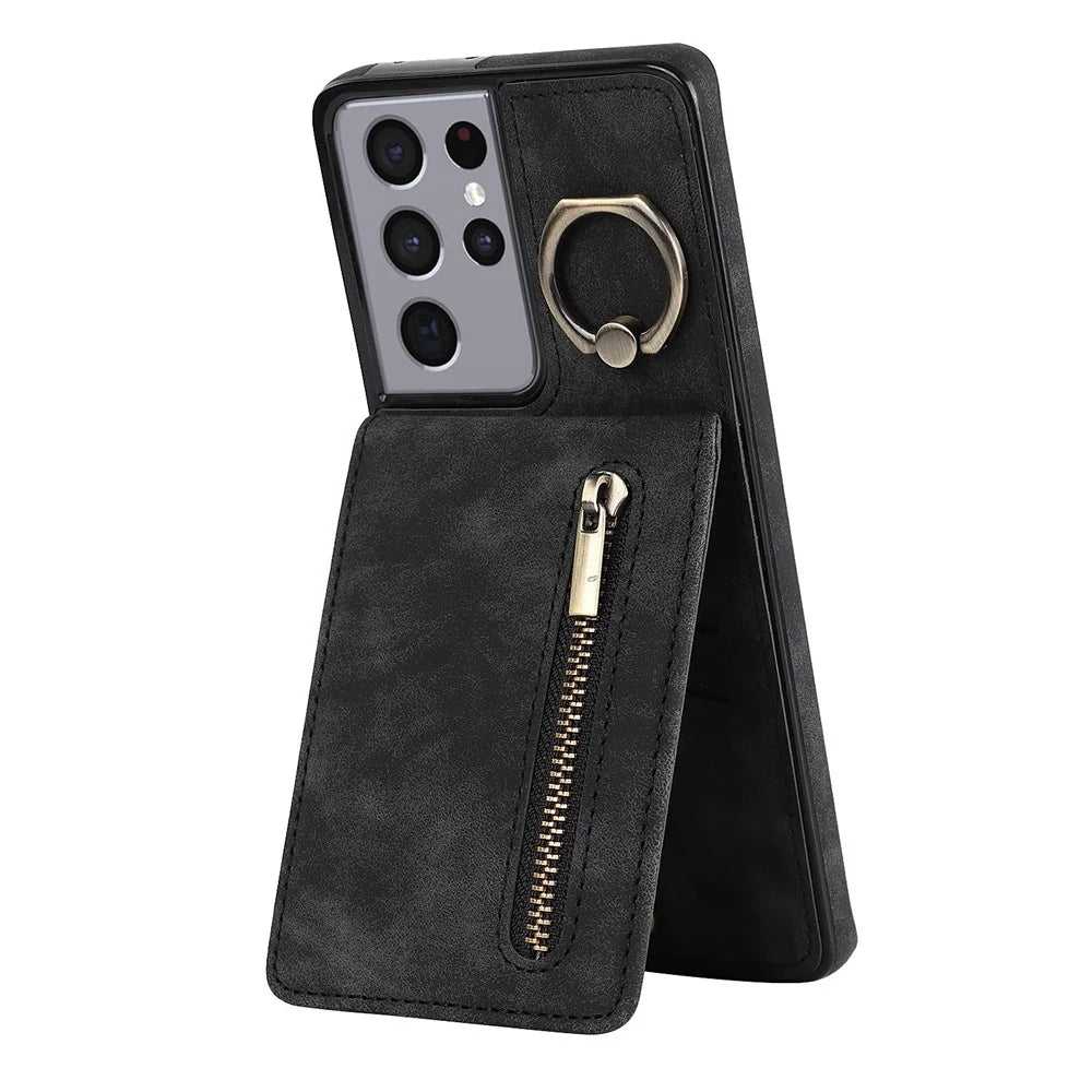 For Samsung Galaxy S21 Ultra 5G Case Ring Kickstand RFID Blocking PU+TPU Phone Cover - Black - 1
