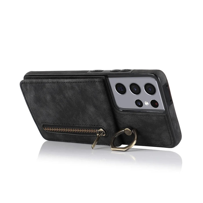 For Samsung Galaxy S21 Ultra 5G Case Ring Kickstand RFID Blocking PU+TPU Phone Cover - Black - 2