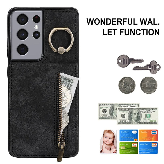 For Samsung Galaxy S21 Ultra 5G Case Ring Kickstand RFID Blocking PU+TPU Phone Cover - Black - 4