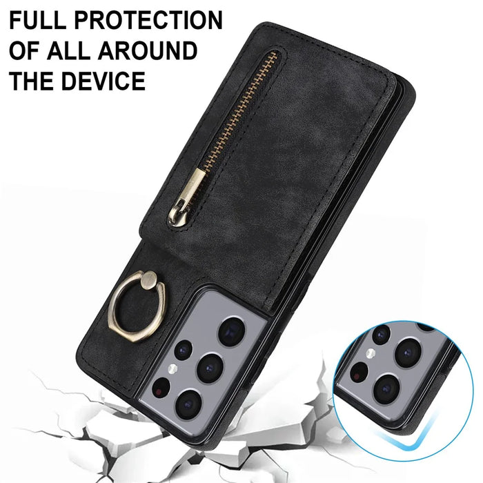 For Samsung Galaxy S21 Ultra 5G Case Ring Kickstand RFID Blocking PU+TPU Phone Cover - Black - 5