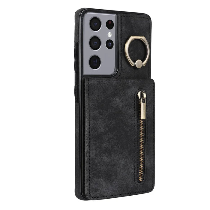 For Samsung Galaxy S21 Ultra 5G Case Ring Kickstand RFID Blocking PU+TPU Phone Cover - Black - 7