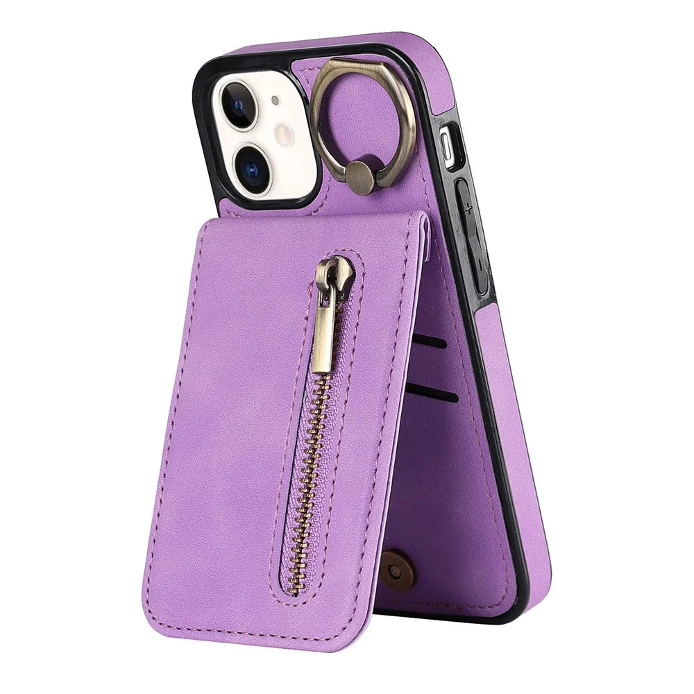 For iPhone 12 mini Cell Phone Case RFID Blocking PU+TPU Cover with Card Slots - Purple - 1